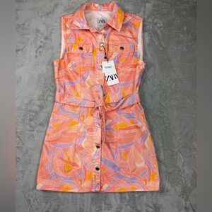 ZARA Denim Mini Dress Lapel Collar, Sleeveless , Pockets Belt Sz Medium